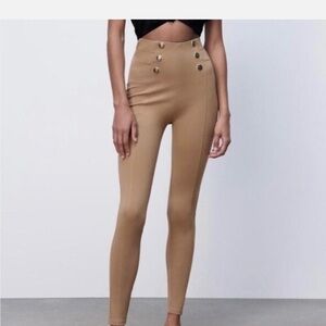 Zara High-Waisted Tan Buttoned Pants